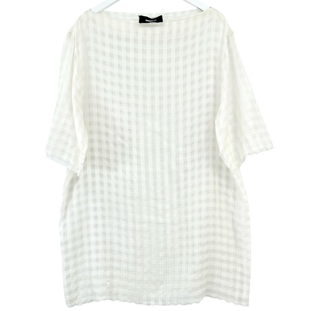 Yang Li White Plaid Semi Sheer Short Sleeve Oversized Silk Tunic Mini Dress